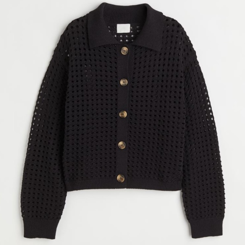 H&M Black Open-Knit Button-Up Cardigan